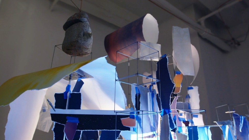 Sarah Sze — détail de l’installation Measuring Stick dans son atelier / detail of Measuring Stick in her studio.