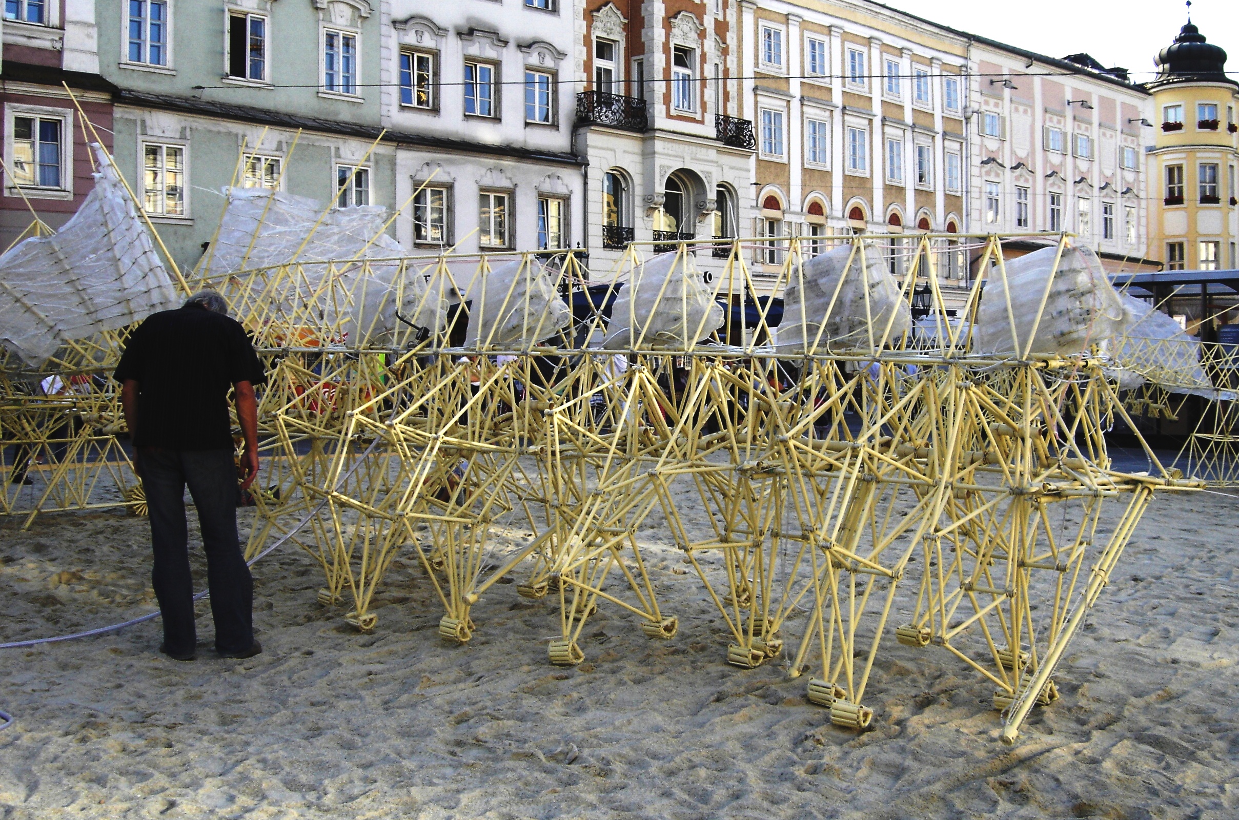 Photographie d’archive de 2005 d’une construction Strandbeest de Theo Jansen / Archival 2005 photograph of a Strandbeest construction by Theo Jansen