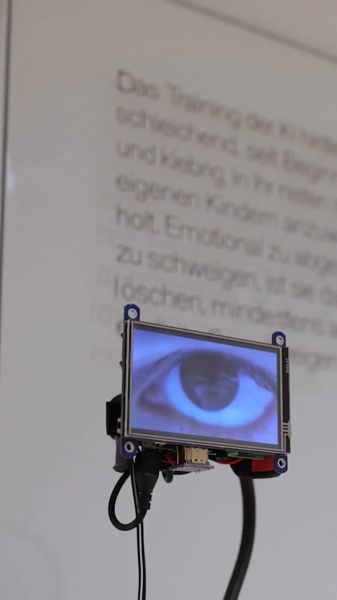 Installation muddy codes & soft infrastructures de Daniela Brugger au Museum Tinguely : écran électronique montrant un œil devant un texte mural.