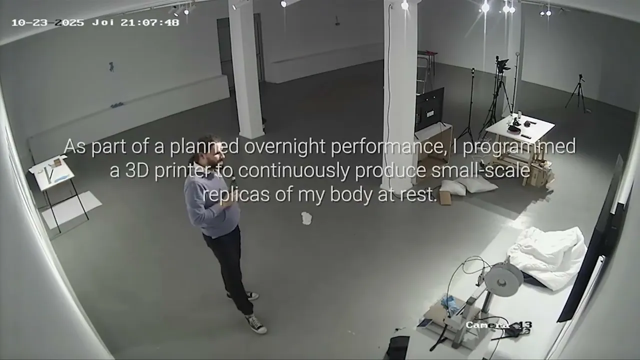 Mihai-Aureliu Savin endormi près d'une imprimante 3D dans The Sculptor Sleeps Tonight.