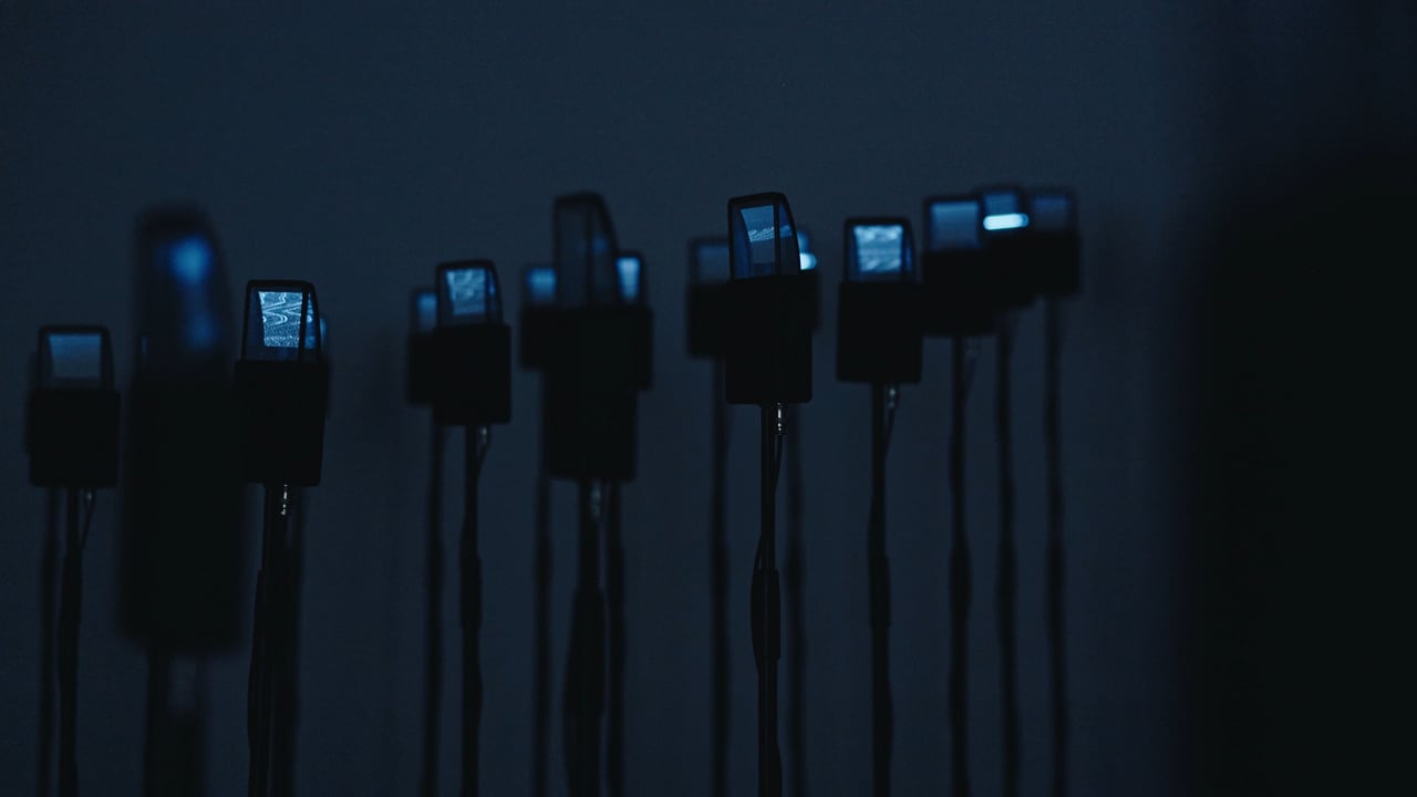 Rangée de petits écrans cathodiques noir et blanc lumineux dans l’installation d’Ivan Marušić Klif