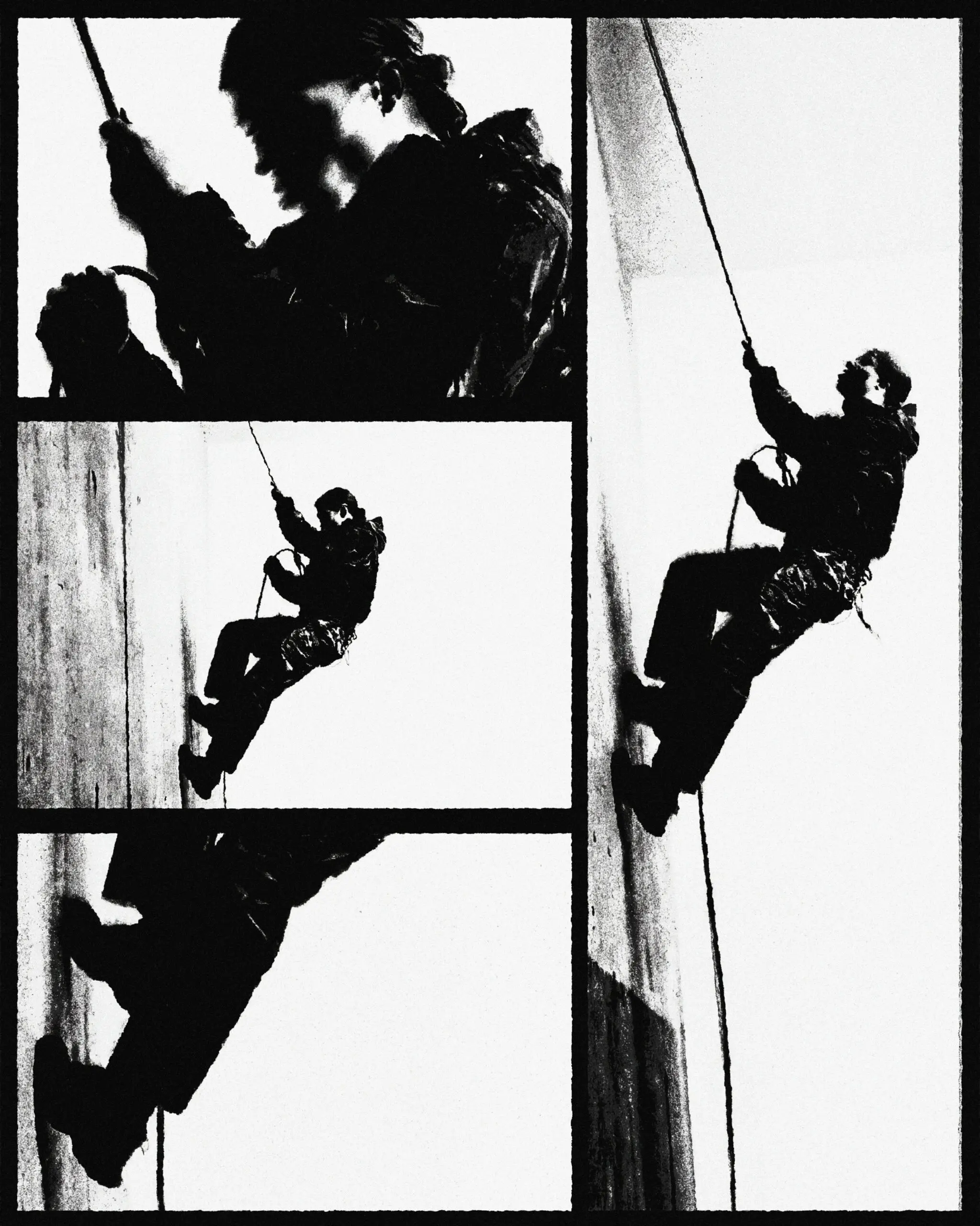 Visuel de presse en noir et blanc de KDV Performance Group : un corps suspendu tenant une corde, pour INSTRUCCIONES PARA EXISTIR.