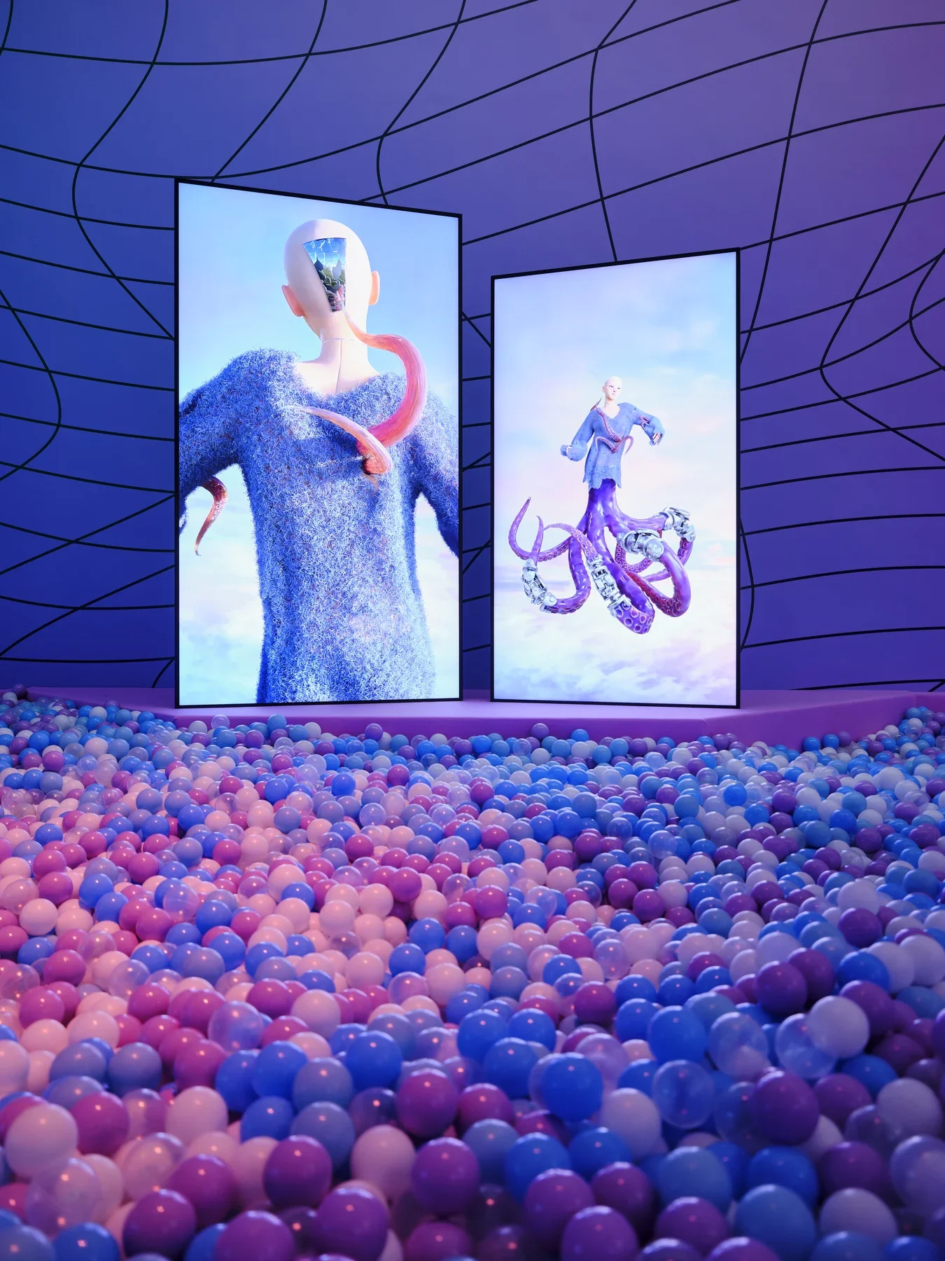 Deux écrans montrent Oz, avatar bionique de Cao Fei, au-dessus d’un bassin de balles bleues et roses dans The Playground à Bâle.