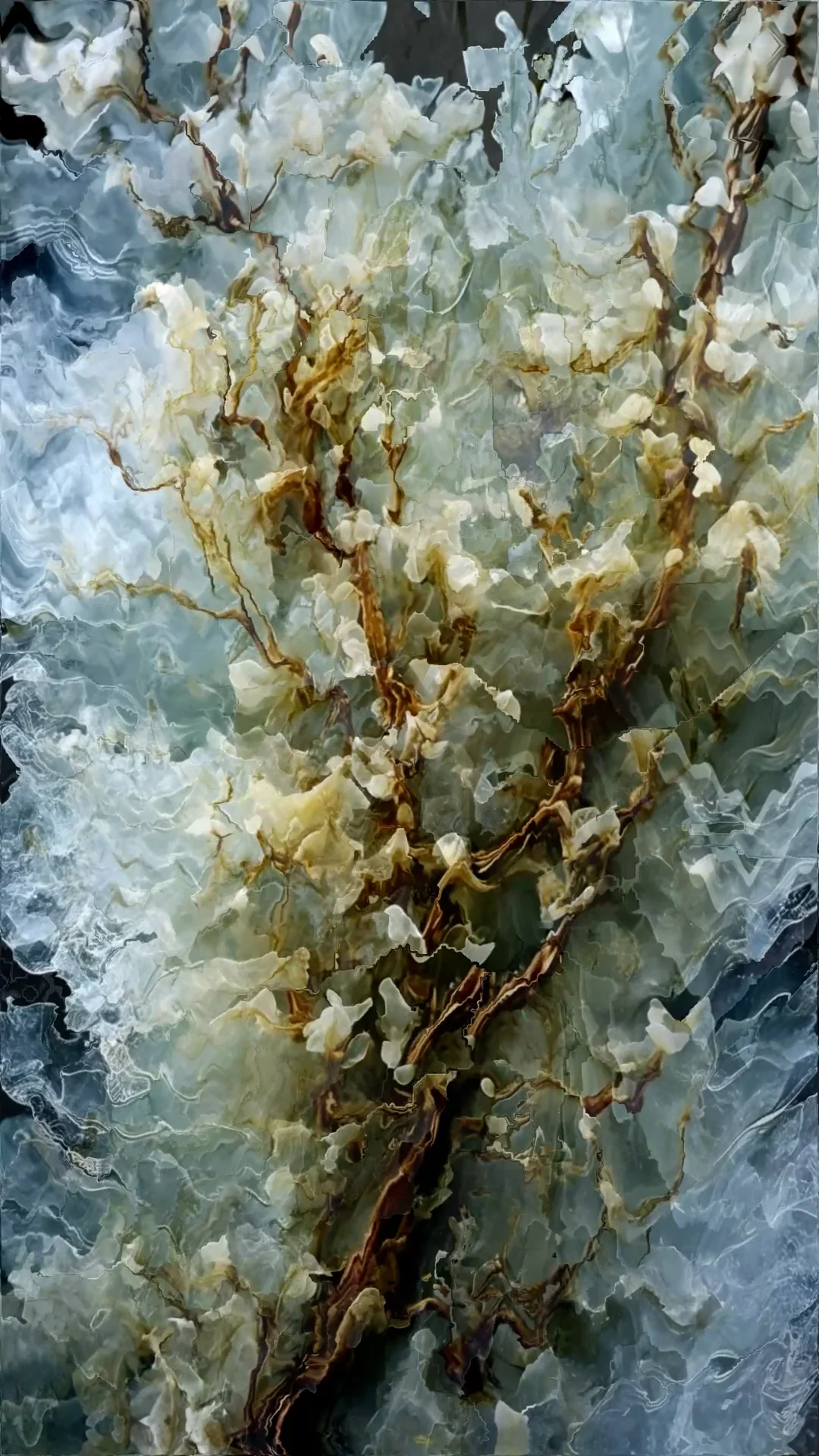 Image générative verticale de Training Latent Ecologies de Giulia Guarnaccia, formes florales blanches transformées en surface liquide.