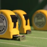 Trois mètres rubans jaunes de Meter Crawler sur une piste verte, avec le crochet métallique du premier au premier plan.