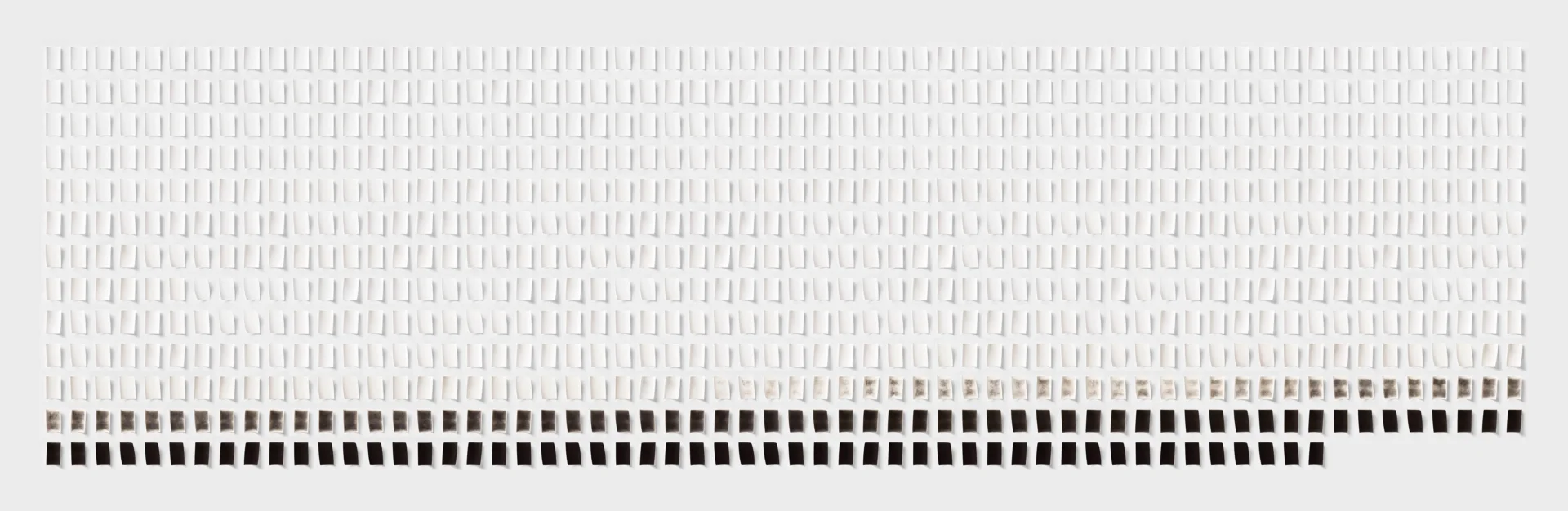 Une grille panoramique de feuilles photographiques passe du blanc au noir, chaque feuille se courbant légèrement devant le mur.