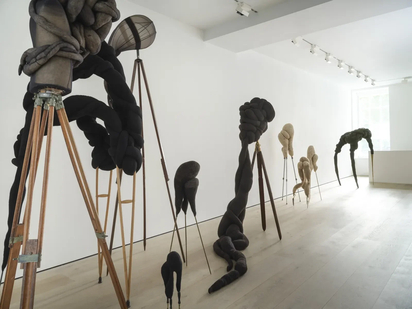 Sculptures de laine sombre et claire de Nicola Turner, enroulées autour de supports et d’objets anciens dans les salles d’Annely Juda Fine Art.