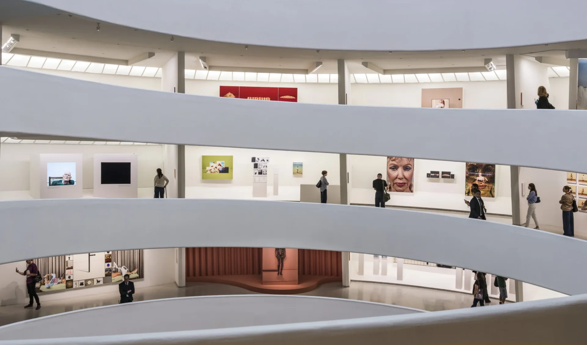 Vue de l’exposition Father Country I Do Love You de Taryn Simon dans la rotonde du Guggenheim.